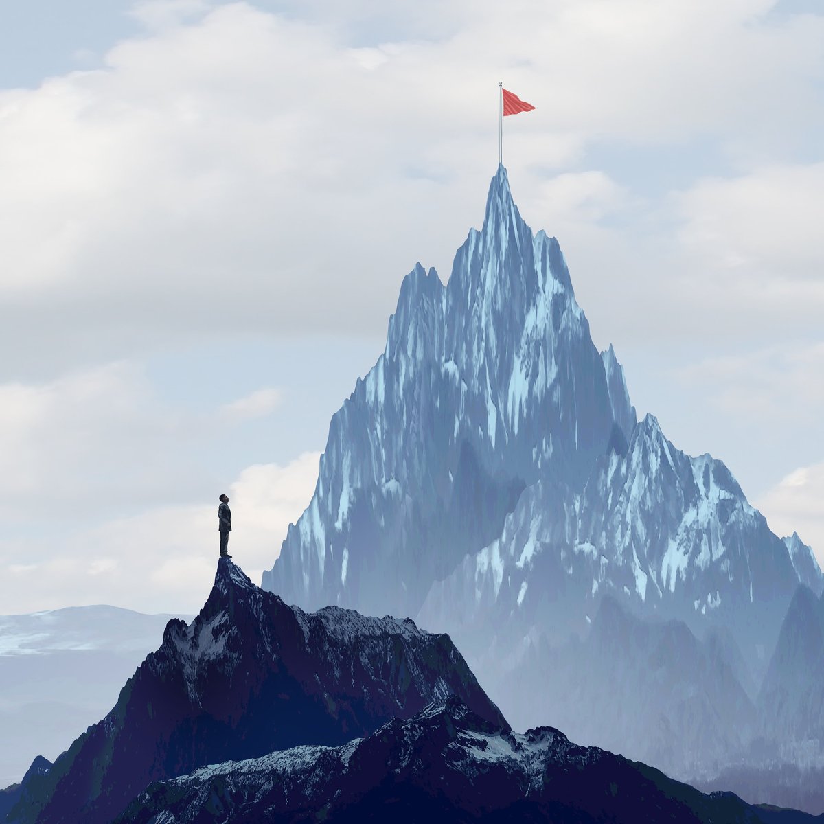 Businessperson climbing toward a red flag at the summit